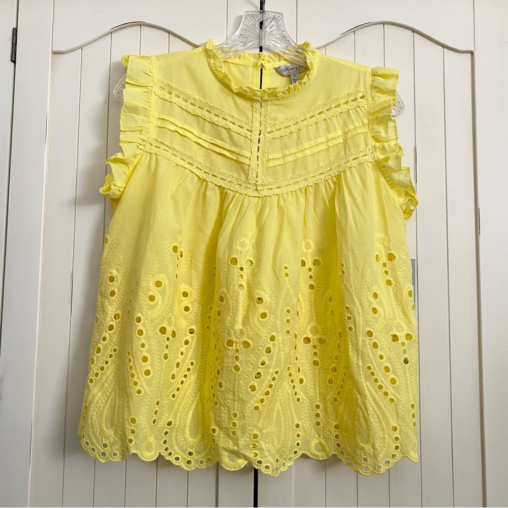 Honey & T Yellow Eyelet & Lace Babydoll Top Sleeveless High Neck Size Small NWT